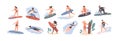 Collection of cute funny people in swimwear surfing in sea or ocean. Bundle of happy surfers in beachwear with Royalty Free Stock Photo