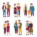 Collection of cute gay and lesbian couples standing together with their children. Happy homosexual families with kids