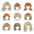 Collection of cute girls faces, vector human head flat illustrations. Set of red-haired and blonde teenage girls, little