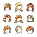 Collection of cute girls faces, vector human head flat illustrations. Set of red-haired and blonde teenage girls, little Royalty Free Stock Photo