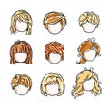 Collection of cute girls faces, vector human head flat illustrations. Set of red-haired and blonde teenage girls, little