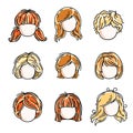 Collection of cute girls faces, vector human head flat illustrations. Set of red-haired and blonde teenage girls, little