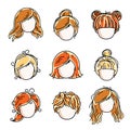 Collection of cute girls faces, vector human head flat illustrations. Set of red-haired and blonde teenage girls, little