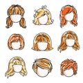 Collection of cute girls faces, vector human head flat illustrations. Set of red-haired and blonde teenage girls, little