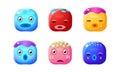 Collection of cute glossy buttons, colorful cubes with funny faces, user interface assets for mobile apps or video games Royalty Free Stock Photo