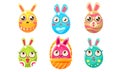 Collection of Cute Glossy Colorful Funny Eastern Egg Shaped Bunnies Cartoon Characters Vector Illustration Royalty Free Stock Photo