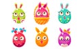 Collection of Cute Glossy Funny Eastern Egg Shaped Bunnies Cartoon Characters Vector Illustration