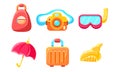 Collection of Cute Glossy Summer Symbols, Backpack, Suitcase, Camera, Diving Mask, Umbrella, Suitcase, Seashell Vector