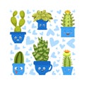 Collection of Cute Green Cactus and Succulent Plants in Pots with Happy Funny Faces Vector Illustration Royalty Free Stock Photo