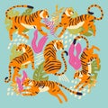 Collection of cute hand drawn tigers on bright blue background, standing, sitting, running and walking with exotic plants