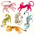 Collection of cute hand drawn tigers in different vibrant colors on white background, standing, sitting, running and walking.