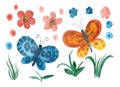 Set of cute watercolor butterflies and flowers Royalty Free Stock Photo