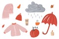 Collection of cute illustrations, a cozy rainy day, hygge, raindrops falling from a cloudy sky, cloud and rain, a set of Royalty Free Stock Photo