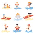 Collection of Cute Kids in Bathing Suits Playing and Having Fun on Beach on Summer Holidays Vector Illustration Royalty Free Stock Photo