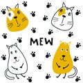 Collection of cute kids cartoon animal cats with trail and lettering. Set of wild characters in scandinavian style