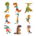 Collection of Cute Kids in Costumes of Dinosaurs, Boys and Girls Dressed for Carnival or Masquerade Party Vector