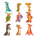 Collection of Cute Kids in Costumes of Dinosaurs and Dragons, Boys and Girls Dressed for Carnival or Masquerade Party