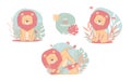 Collection of cute lions cartoon animals. Vector illustration