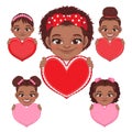 Collection of Cute little American African Girls Holding Red and Pink Hearts Vector Royalty Free Stock Photo