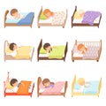 Collection of Cute Little Boys and Girls Sleeping Sweetly in their Beds under Blankets Vector Illustration