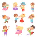 Collection of Cute Little Boys Giving Flowers to Lovely Girls Cartoon Vector Illustration Royalty Free Stock Photo