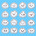 Collection of cute lovely kawaii clouds. Doodle cartoon clouds with faces in manga style. Cute emoticon emoji hand drawn Royalty Free Stock Photo