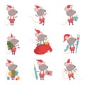 Collection of Cute Mouse in Christmas Santa Claus Costume, Cute Small Rodent Animal Character in Different Situations Royalty Free Stock Photo