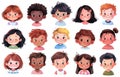 Collection of cute multiethnic kids faces. Set of happy cartoon little children avatars. Funny boys and girls stickers