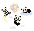 Collection of Cute Panda Characters. Panda flying on balloons, lying on cloud and hanging on moon. Vector illustration Royalty Free Stock Photo