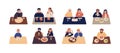 Collection of cute people sitting at tables and eating different delicious meals. Set of men and women trying tasty food