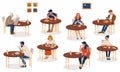 Collection of cute people sitting at tables and eating different delicious meals.