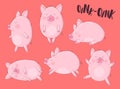 Collection of cute pigs on a red background with the word oink. Vector illustration for New Year, Christmas, prints, invitations, Royalty Free Stock Photo