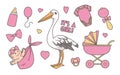 Collection Of Cute Pink Cartoon Style Illustrations For Newborn Baby Girl, Including Stork, Stroller, Bottle And Pacifier