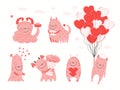 Collection of cute pink monster, hearts, isolated Royalty Free Stock Photo