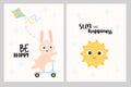 Collection of cute posters. Happy rabbit on scooter with kite and funny sun. Slogan - Be happy and sun and happiness