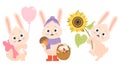 Collection of cute rabbits. Happy bunny with sunflower and balloon, autumn hare mushroom picker with basket of mushrooms