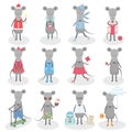 Collection on 12 cute rats, Wonderland animals, children style. Symbol of 2020 Chinese year Royalty Free Stock Photo
