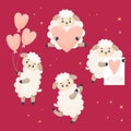 Collection cute romantic sheep with hearts and balloons. Vector illustration. Isolated cartoon farm animals for kids Royalty Free Stock Photo