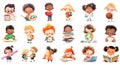 Collection of cute school kids. Education clipart. Mathe, drawing, chemistry, sports, reading, writing, geography.