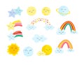 Collection of cute sky stickers - rainbow, stars and sun, planets, clouds. Cheerful childrens kawaii style.