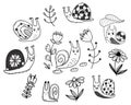 Collection of cute snails and decorative flowers. Linear hand drawn doodle. Vector illustration. Isolated elements of Royalty Free Stock Photo