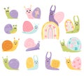 Collection of cute snails. Funny insects. Decorative snail characters on rainbow with hearts and flowers. Vector Royalty Free Stock Photo