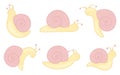 A collection of cute snails in love. Set of simple animal illustrations in kawaii style.