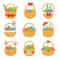 Collection of cute straw baskets full of Easter eggs