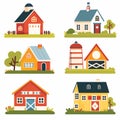 Collection cute stylized houses farm buildings. Colorful vector illustration includes barn, silo