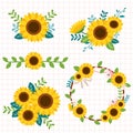 The collection of cute sunflower in the boquet and set on the white background. The pattern of cute sunflower on the white