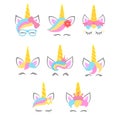 Collection of cute unicorn faces. Unicorn heads. Vector