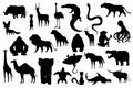 Collection of cute vector animals. Hand drawn silhouette animals which are common in Africa. Icon set isolated on a