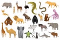 Collection of cute vector animals. Hand drawn animals which are common in Africa. Icon set isolated on a white