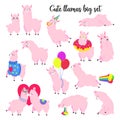 Collection of cute vector llamas. Set of stickers, patches. Doodle illustration. Template for cards, textiles